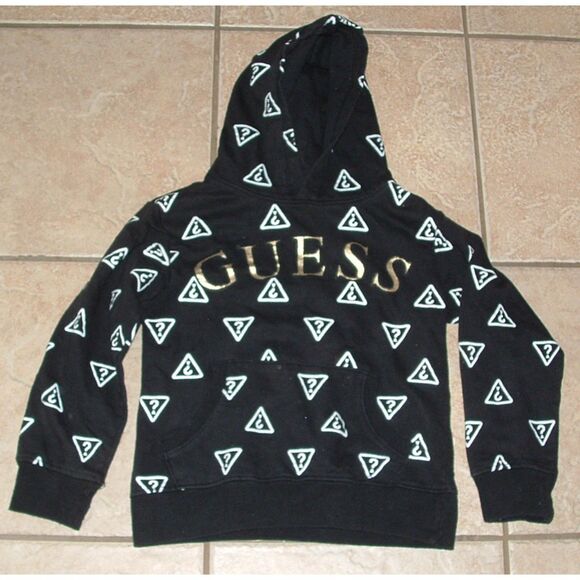 Girls Sz Small (8-10) Casual Wear Hoodie All Over LOGO Black Hooded Sweatshirt - Picture 1 of 2